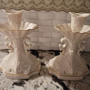 Pair Of 2 LENOX Millennium Aquarius Candlestick 24kt Gold Trim Ivory Porcelain